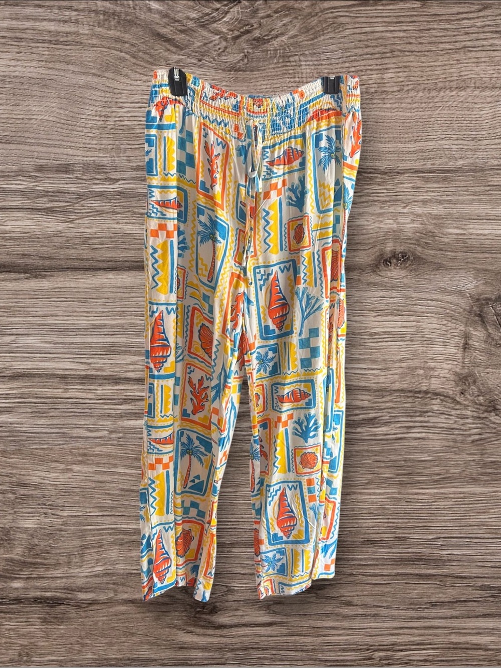 NWT Fusionista beach shell print white blue orange yellow wide leg pants Size L